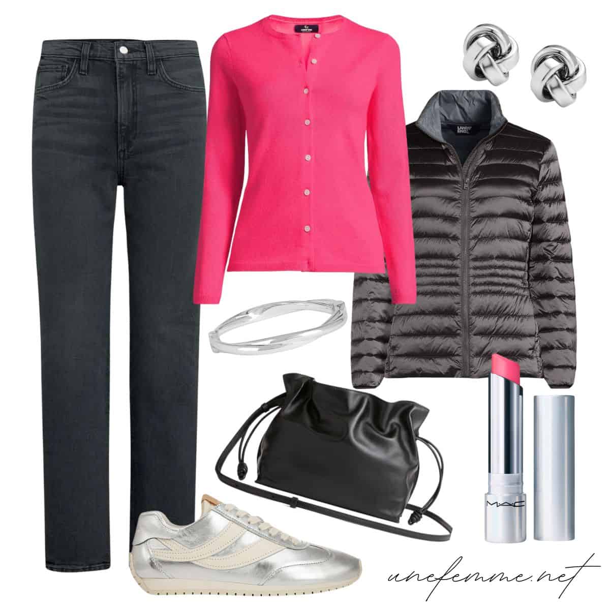Casual outfit in a cool palette with a raspberry pink cashmere cardigan