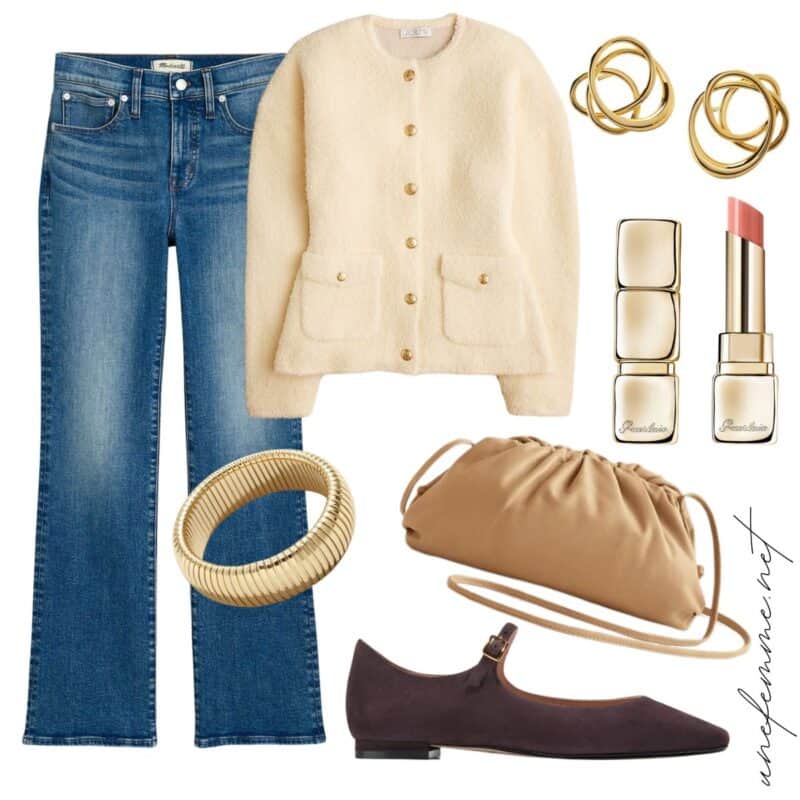 Polished casual outfit with kick-crop jeans, cinched waist sweater jacket, gold earrings & bracelet, tan leather bag, dark brown suede Mary Janes.