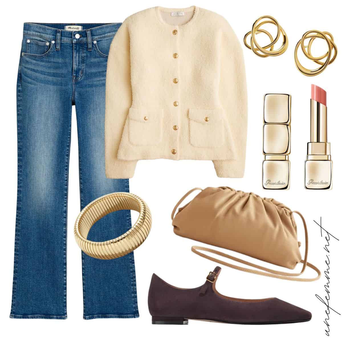 Polished casual outfit with kick-crop jeans, cinched waist sweater jacket, gold earrings & bracelet, tan leather bag, dark brown suede Mary Janes.