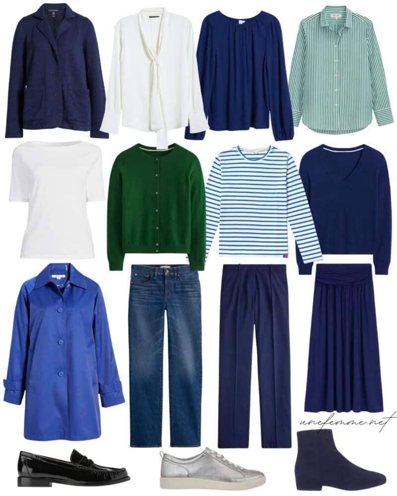12-piece travel capsule wardrobe in cool palette with navy basics.