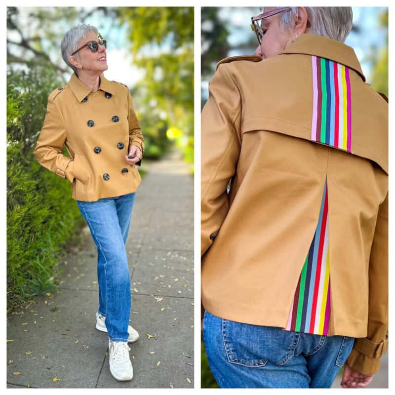 Front & back views of Boden cropped trench jacket, modeled by Susan B. of unefemme.net.