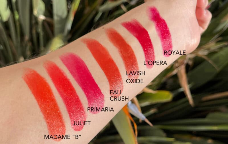 By Brian red lipstick swatches.