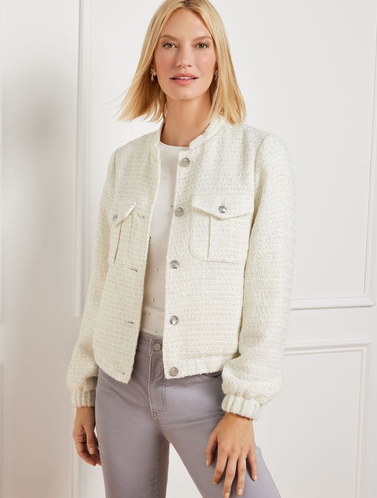Talbot's sparkle tweed bomber jacket with silver hardware.