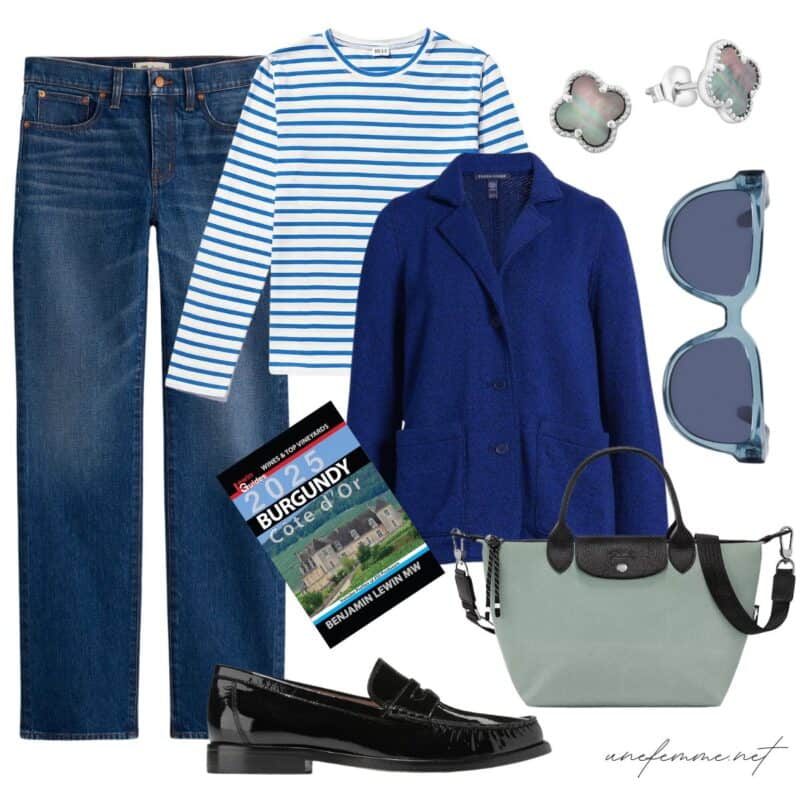 Travel outfit idea with jeans, striped tee, navy blazer, black loafers, Longchamp pliage crossbody.