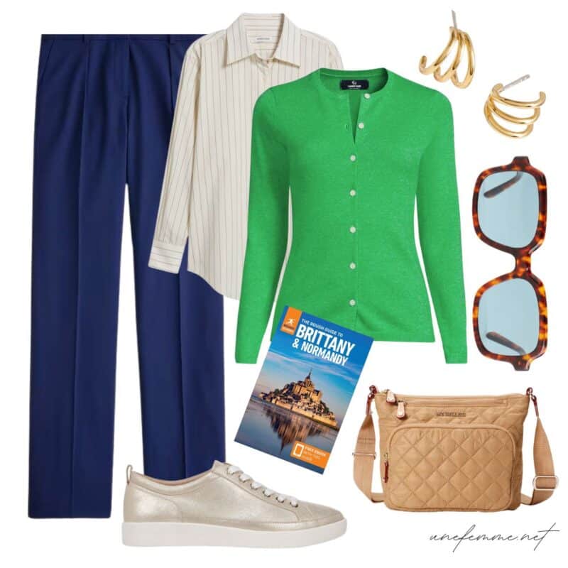 Travel outfit idea with navy pants, striped shirt, green cardigan, gold sneakers, gold earrings.