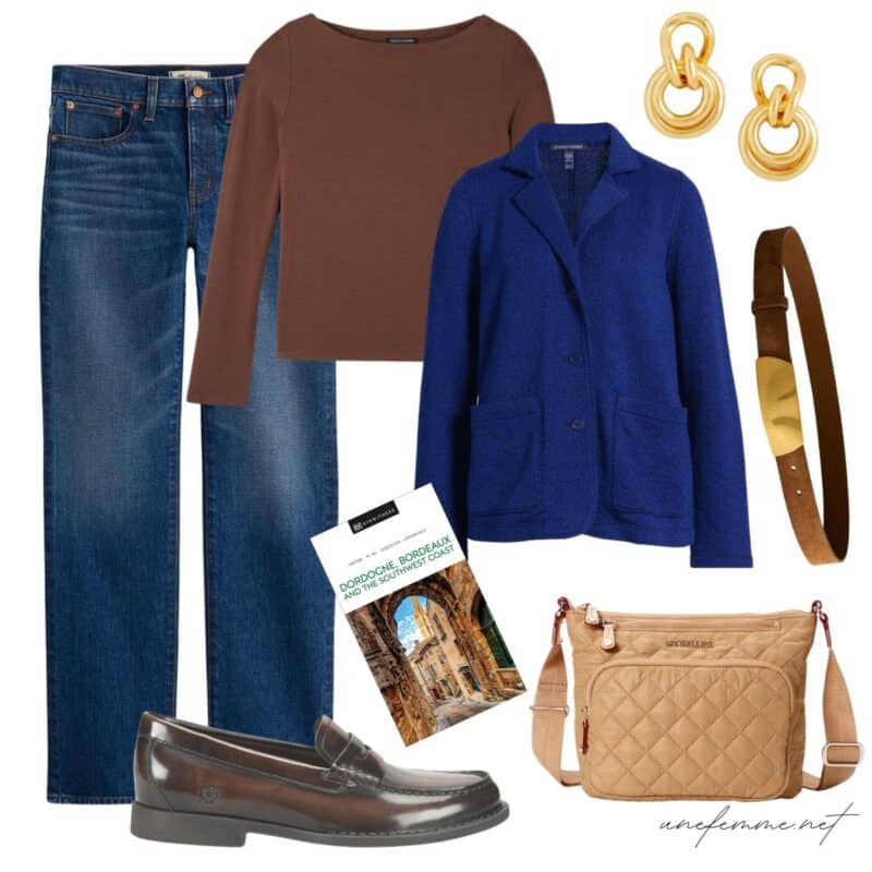 Travel outfit idea with jeans, brown boatneck tee, navy blazer, brown loafers, gold jewelry, quilted crossbody bag.
