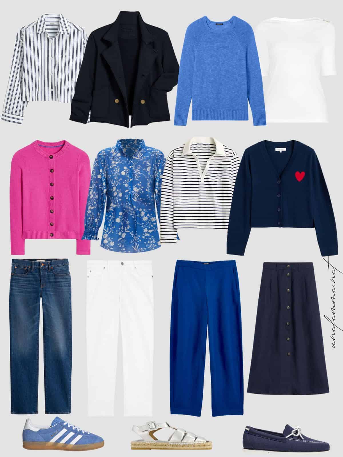 Casual spring capsule wardrobe in a cool color palette: navy, white, blue, pink.