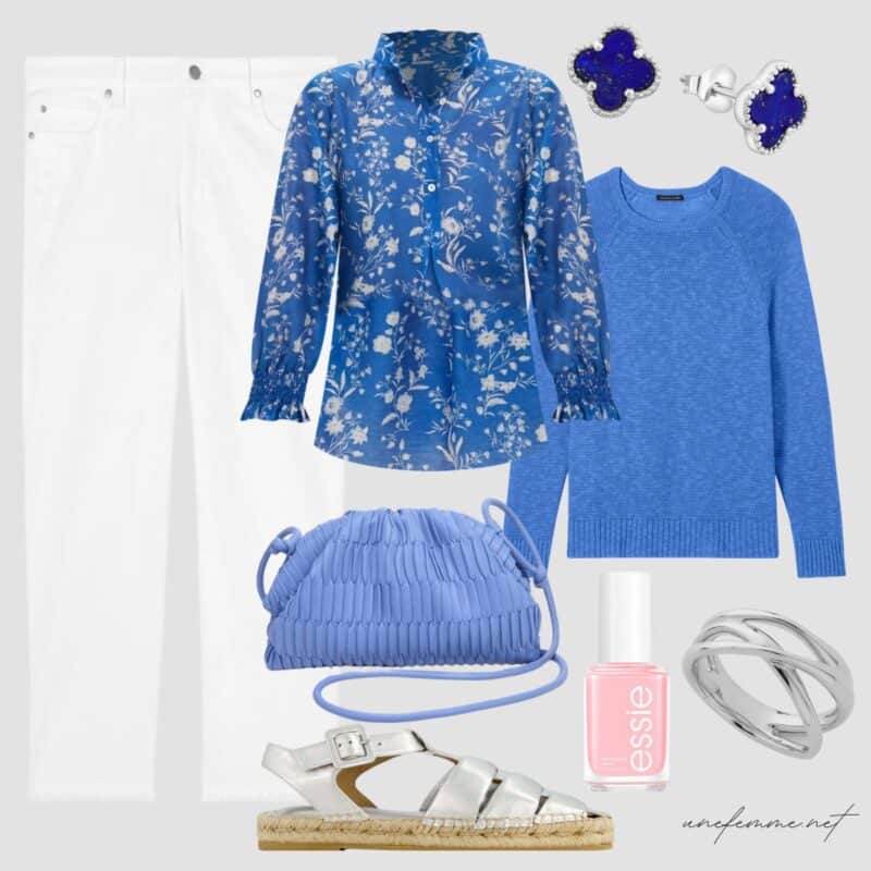 Blue and white spring outfit with white jeans, blue floral shirt, blue sweater, silver jewelry, silver fisherman sandals.
