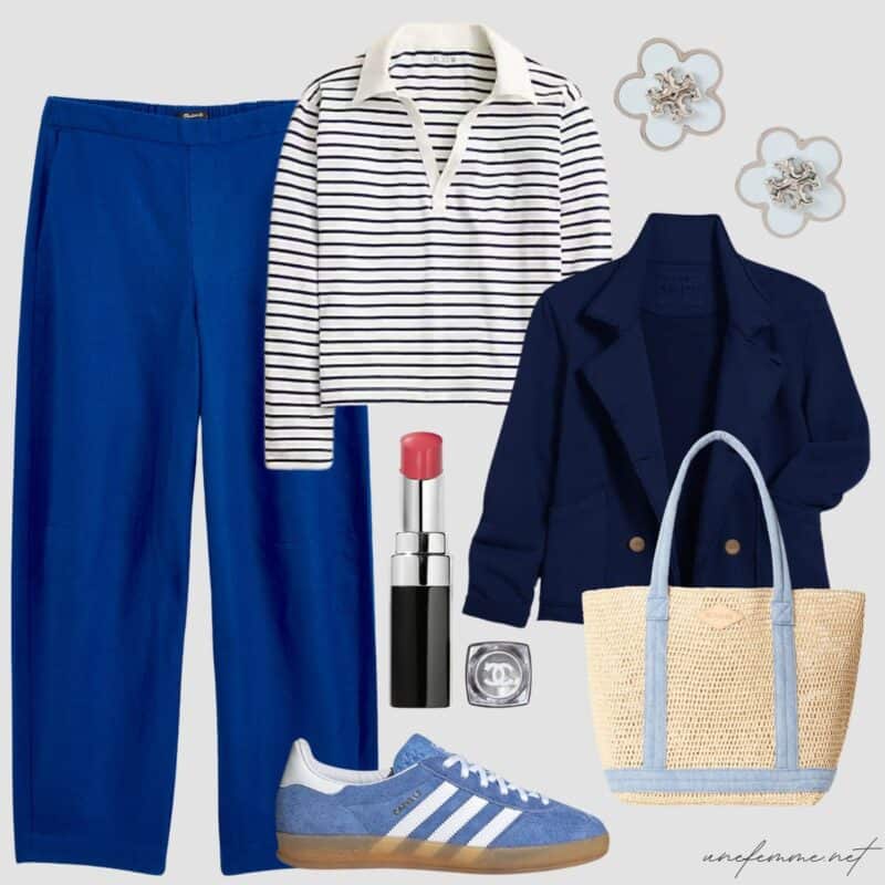 Spring outfit in navy, blue and white with blue suede adidas sneakers and raffia tote.