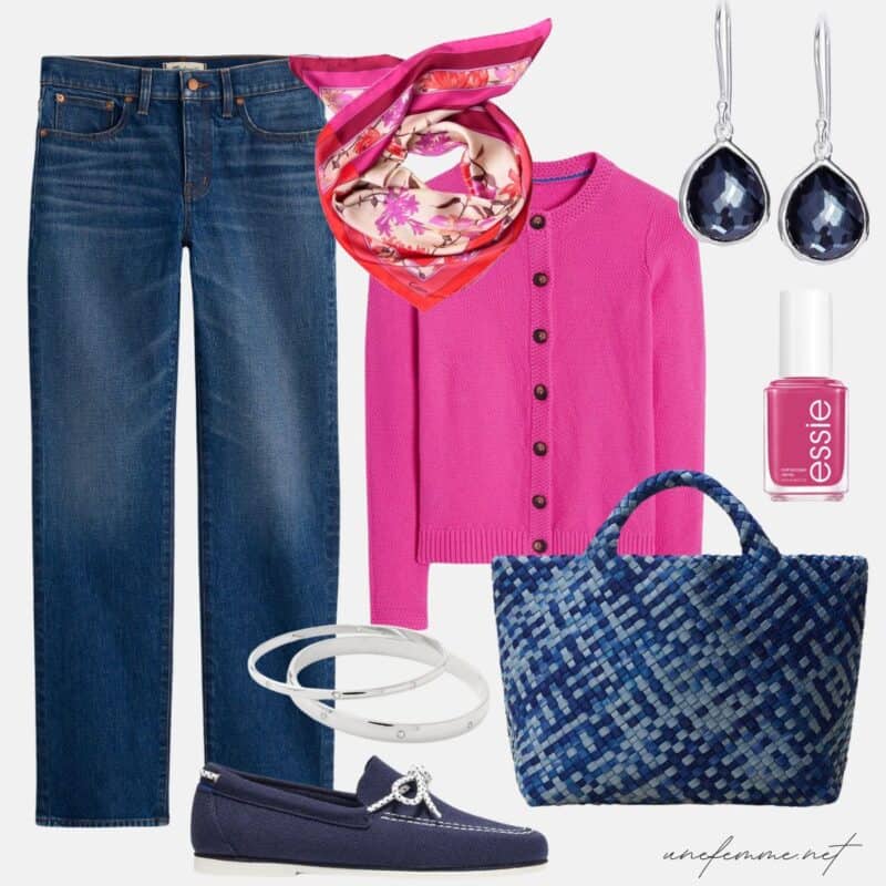 Casual spring outfit in a cool palette with straight leg jeans, pink cardigan, woven faux-leather bag, navy boat shoes, silver jewelry, silk scarf.