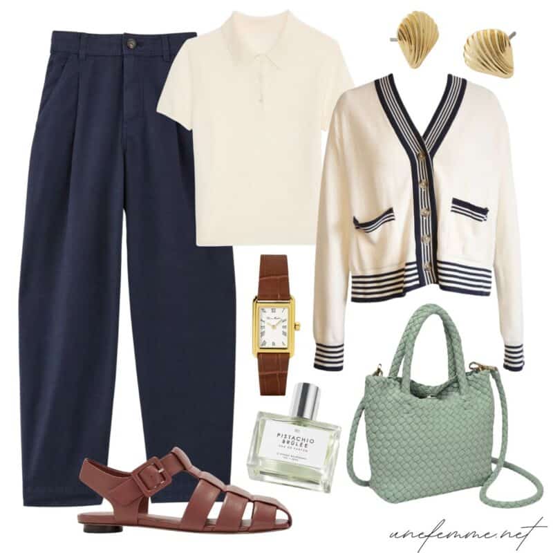 Nautical-inspired casual look with linen pants, polo sweater, varsity trim cardigan, classic watch, fisherman sandals, woven faux leather bag.