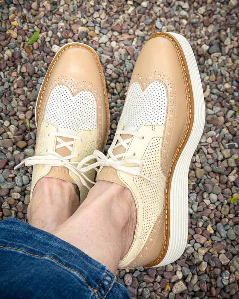 Detail: Susan B. wears Cole Haan OriginalGrand platform colorblock oxfords.