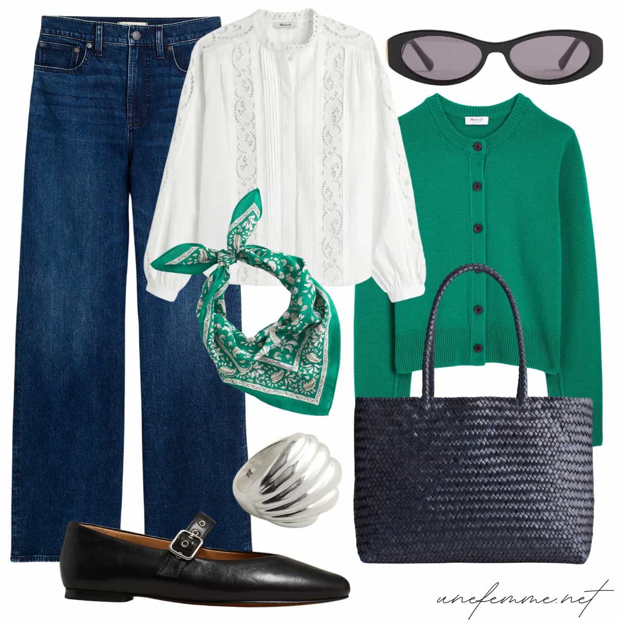 Casual look from Madewell: dark wash jeans, lace inset blouse, green classic cardigan, narrow oval sunglasses, cotton bandana, silver shell ring, woven leather tote, black mary-janes.