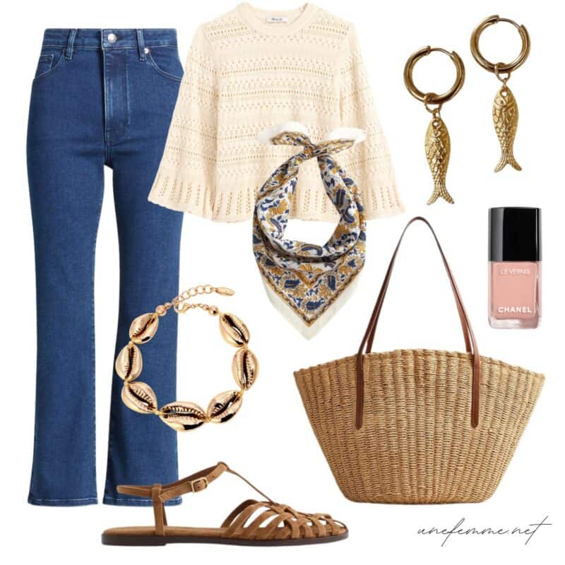 Casual spring outfit with fish earrings, basket tote, fisherman sandals.
