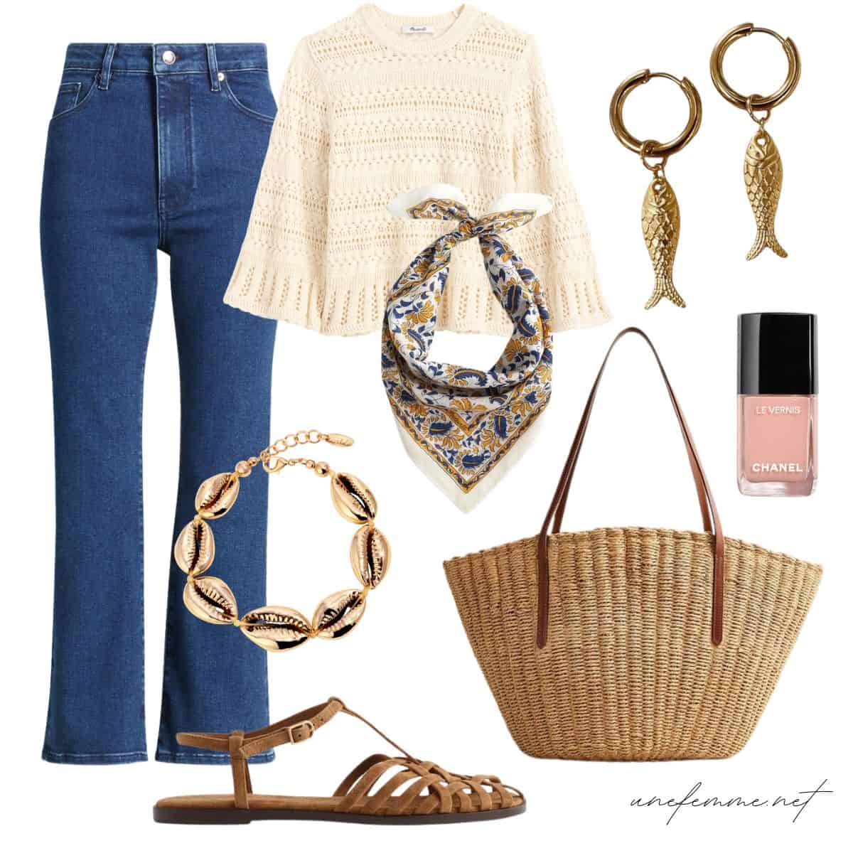 Casual spring outfit with fish earrings, basket tote, fisherman sandals.