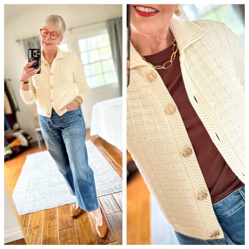 On left: Susan B. wears a Talbot's cotton polo cardigan buttoned with Madewell darted barrel leg jeans and pointed toe flats. On right: detail of ivory cardigan worn open over brown tee and jeans.