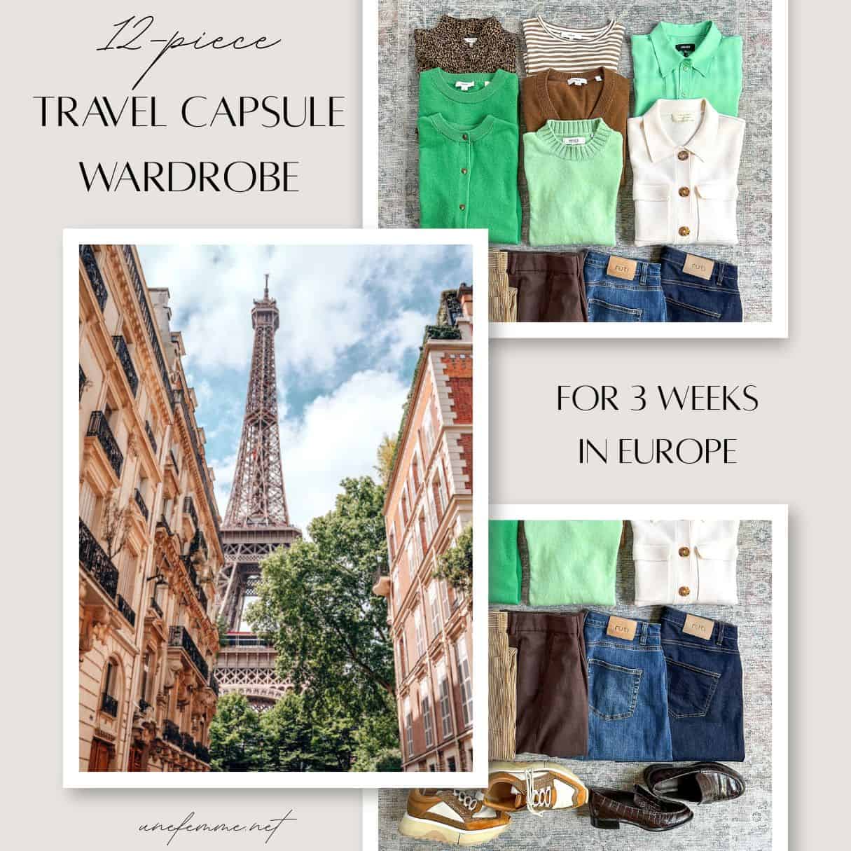 12-piece travel capsule wardrobe for spring in Europe and UK