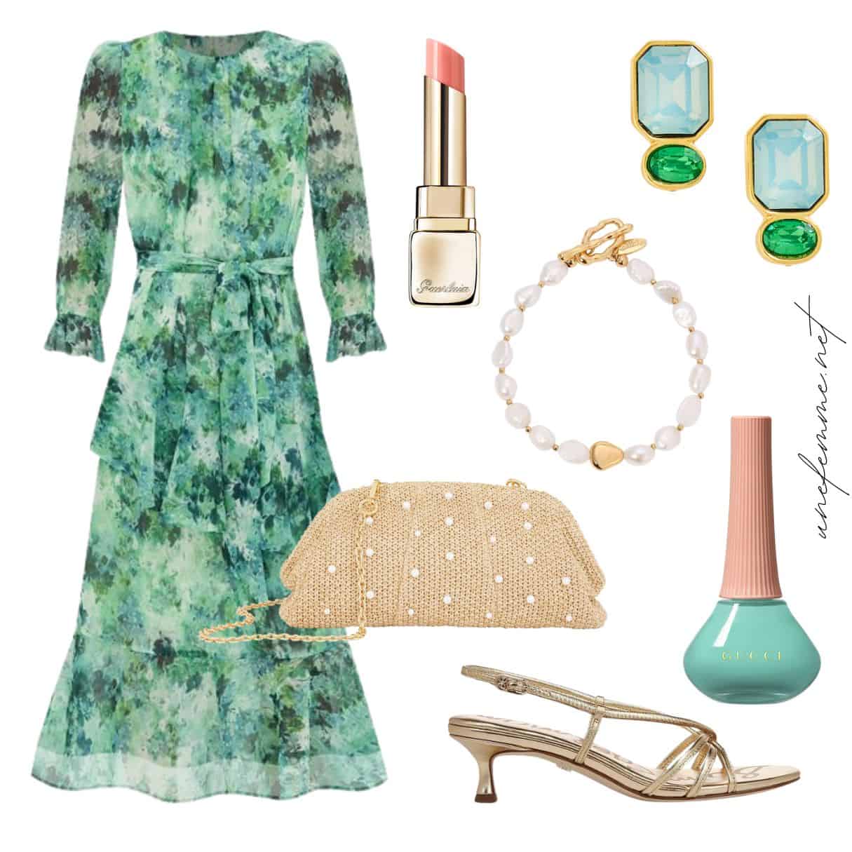 Special occasion look in blues and greens with a watercolor print dress.