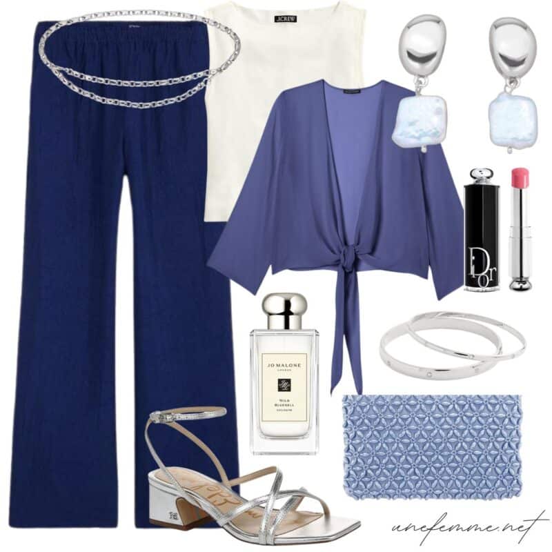 Wedding guest or special occasion look with pants in navy, white and blue with silver jewelry and sandals.