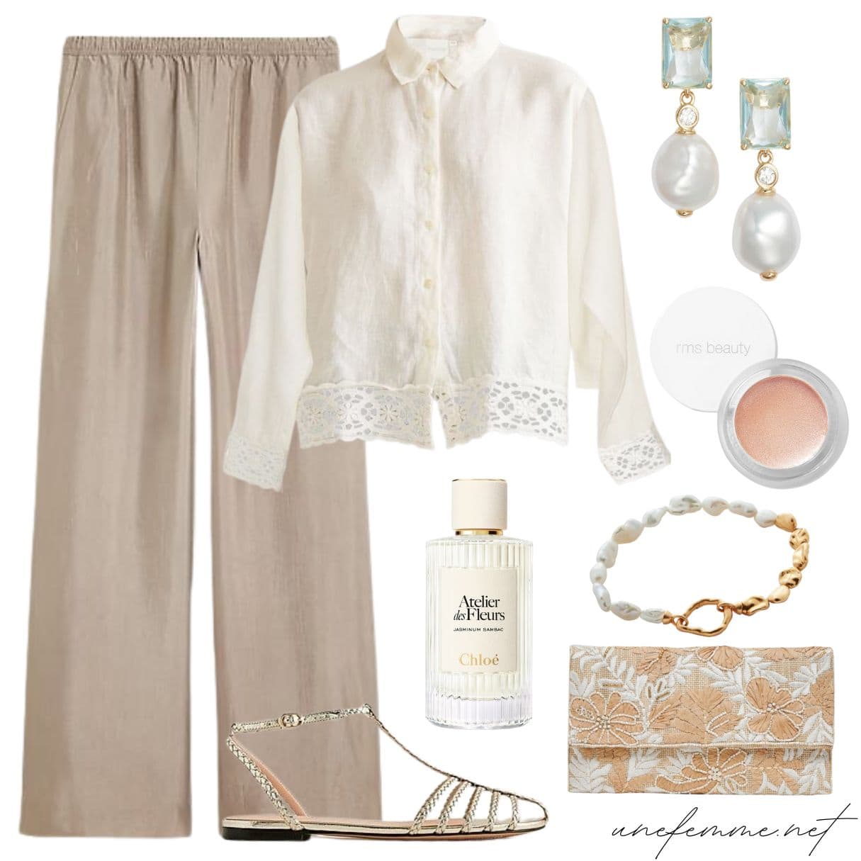 Wedding guest outfit or special occasion look with satin pants, lace-trimmed blouse, gold sandals, pearl jewelry.