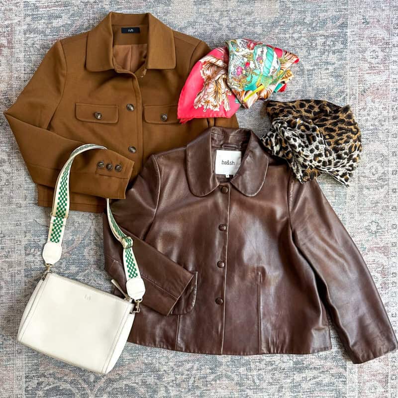 Outerwear, scarves and bag I'm packing for spring travel to Europe.