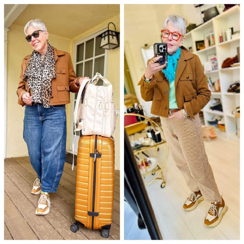 Susan B's travel outfits for Europe in Spring: what I wore on the plane and first days in London.