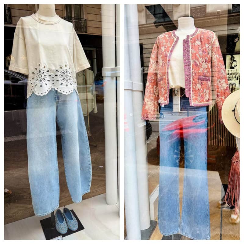 Shop windows in Paris featuring light wash, relaxed fit denim jeans.