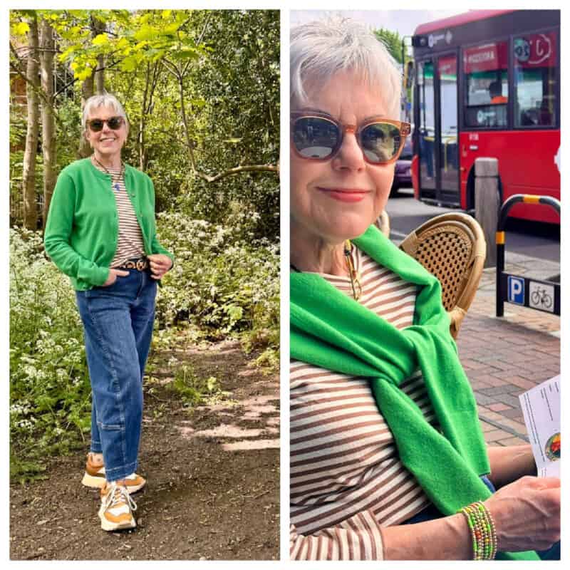 Casual day in London. Susan B. wears a green cardigan, striped tee, barrel jeans, color-block sneakers.