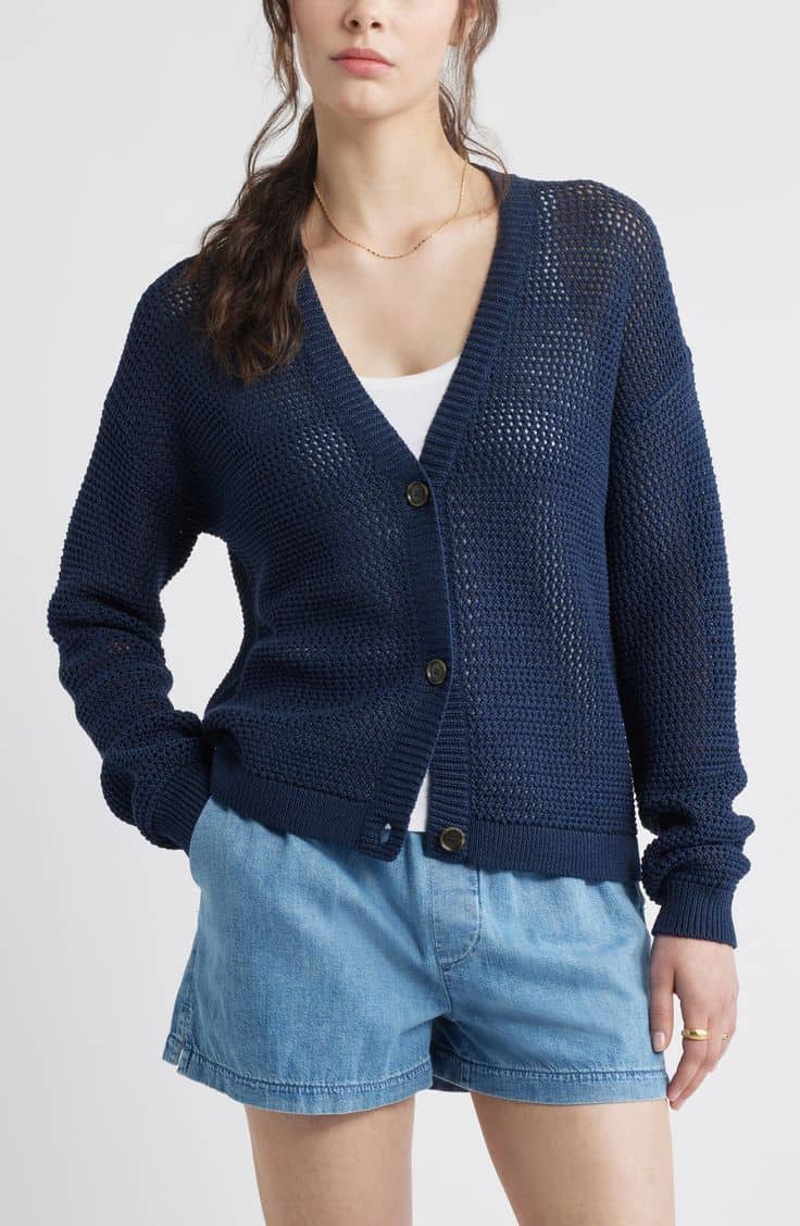 Caslon open stitch v-neck sweater cardigan in navy.