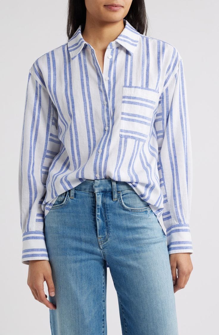 Blue and white striped linen blend shirt.