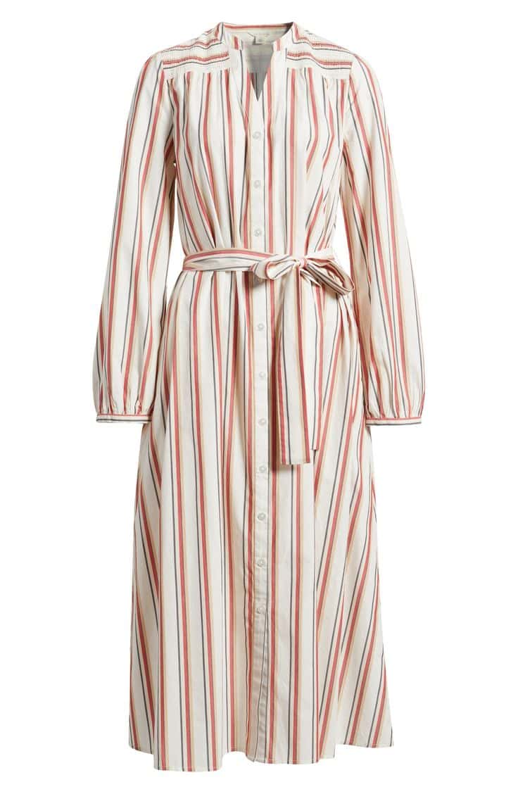 red striped cotton shirtdress with self-belt