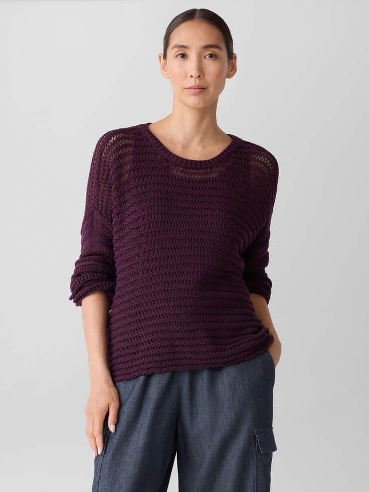 Eileen Fisher open stitch pullover sweater in Blackberry.