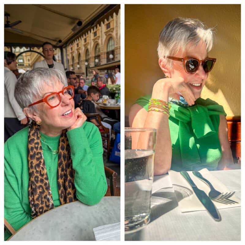 Susan B.'s travel outfits with green cardigan & shell (twinset).