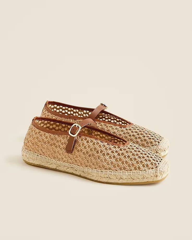 J. Crew woven espadrilles in tan with brown trim.