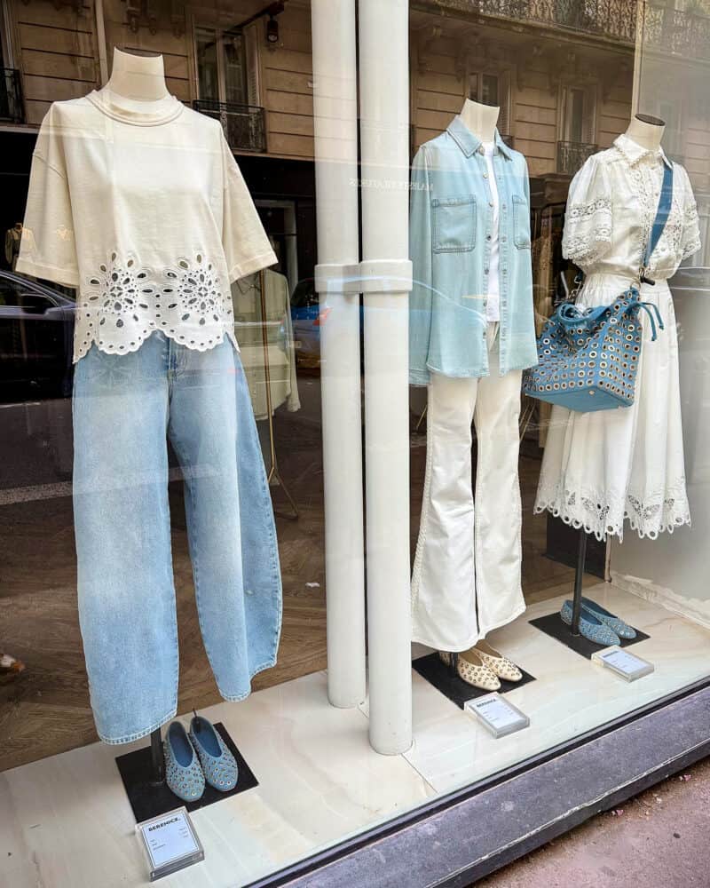Paris style trends: Eyelet details and light wash denim.