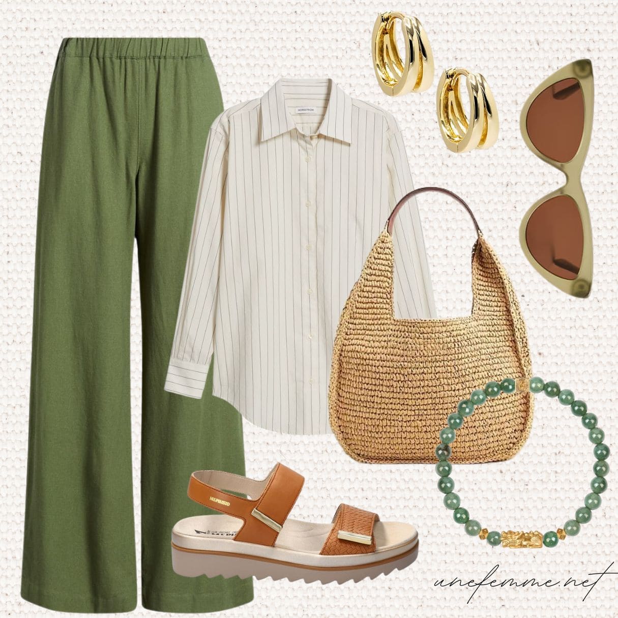 Casual outfit for summer in Paris (or anywhere else!). Green linen trousers, striped cotton shirt, gold earrings, olive cat-eye sunglasses, straw shoulder bag, walking sandals, jade bracelet.