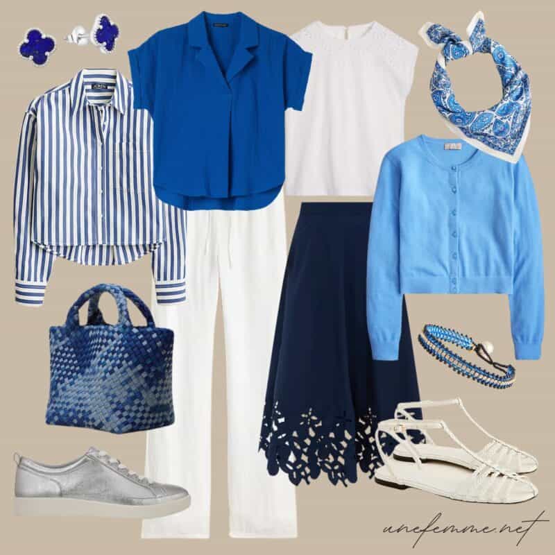 Coastal weekend getaway capsule in navy, white, blue.