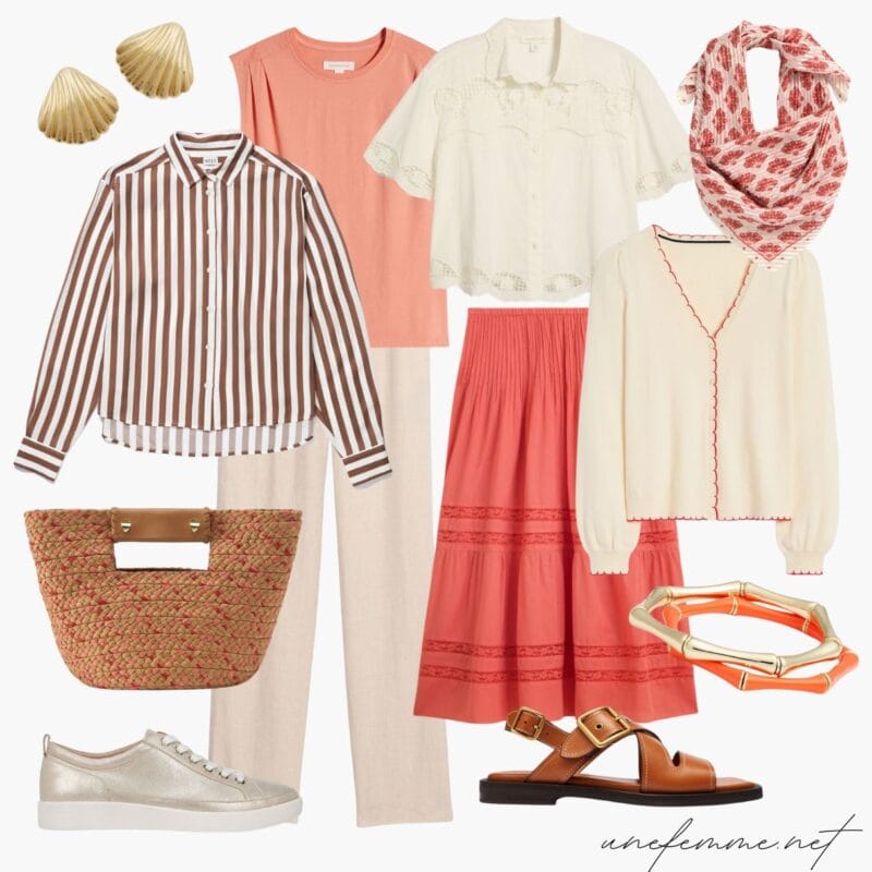 A fashion set: weekend wardrobe with a striped shirt, skirt, shoes and accessories.