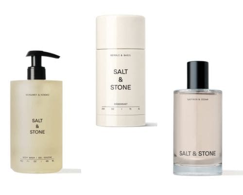 Salt & Stone natural products: body wash, deodorant, body mist.