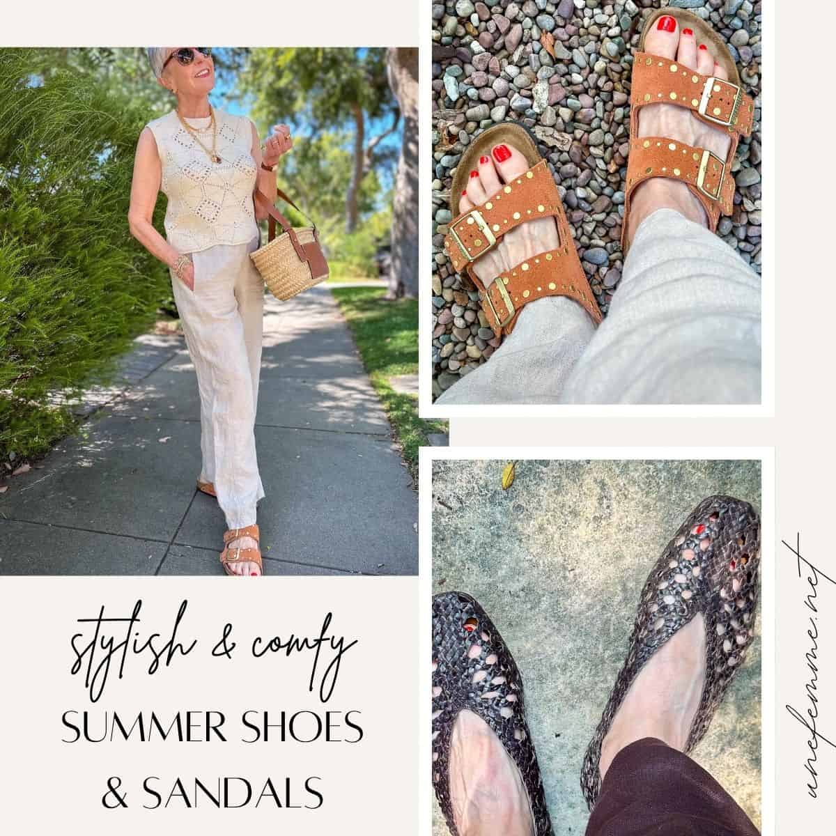 Summer outfit ideas with casual sandals and open weave ballet flats.