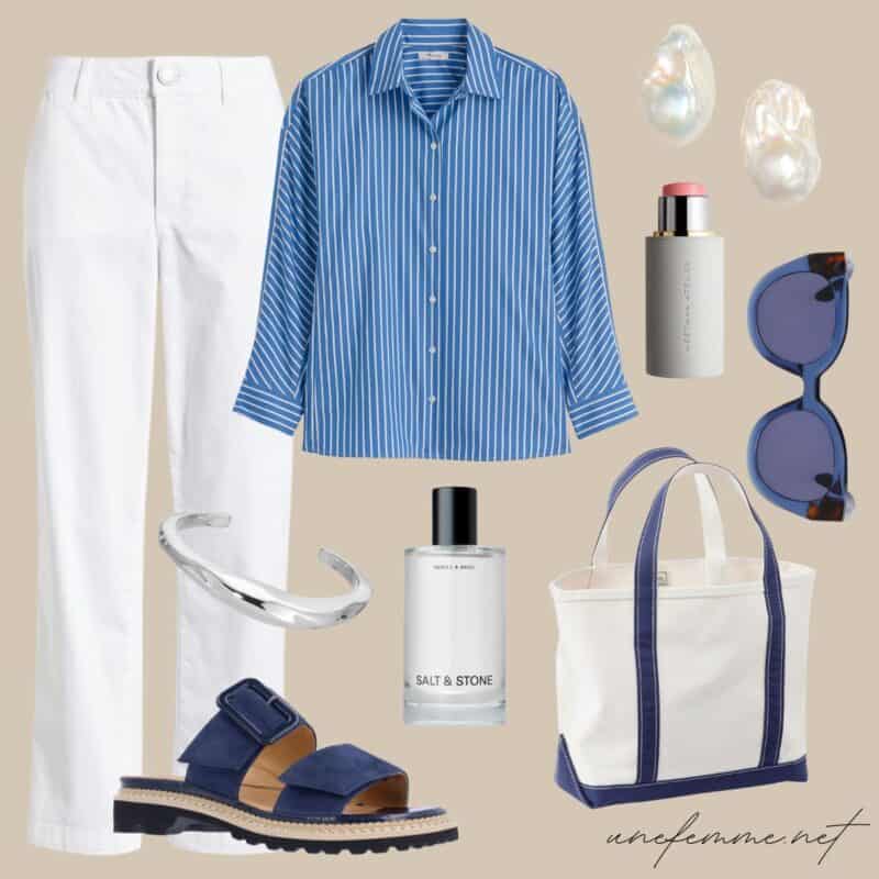 Coastal chic style updated: an easy outfit idea with striped shirt, white pants, navy accessories, silver jewelry.