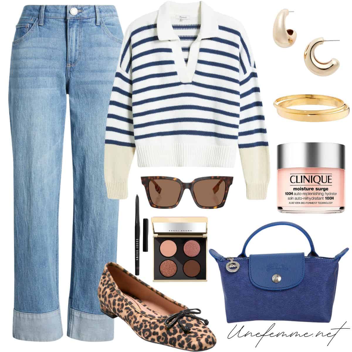 Casual outfit with cuffed jeans, striped polo sweater, gold jewelry, leopard print ballet flats, Burberry sunglasses.