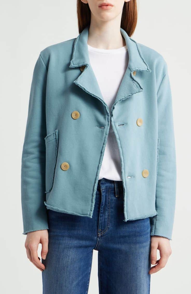 Nordstrom Anniversary Sale: Frank & Eileen Mini-Belfast peacoat in light blue.