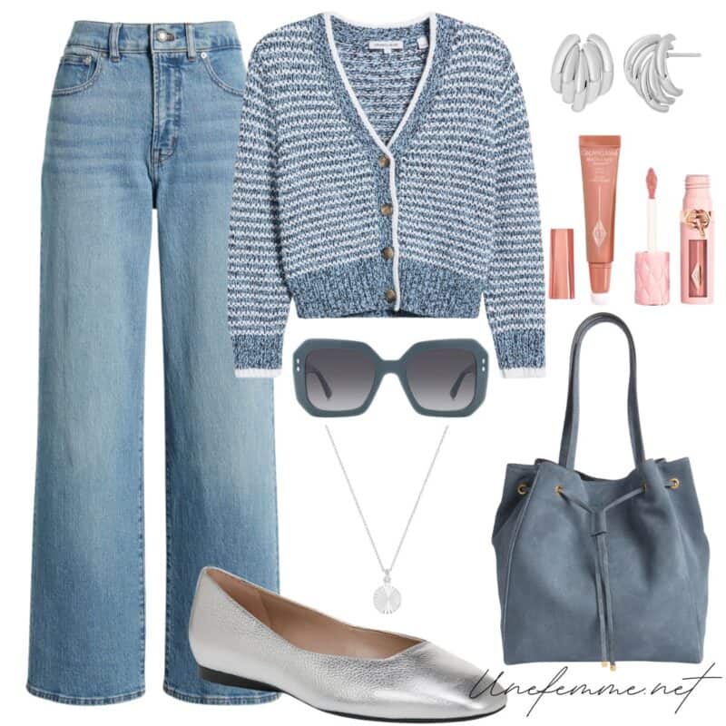 Nordstrom Anniversary Sale Picks: a casual denim look for women with a Veronica Beard cardigan and silver ballet flats.