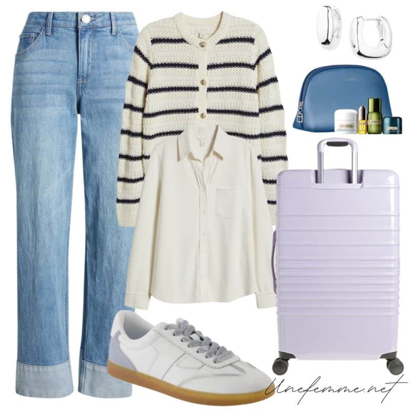 Nordstrom Anniversary Sale picks: travel outfit idea with cuffed jeans and striped cardigan.