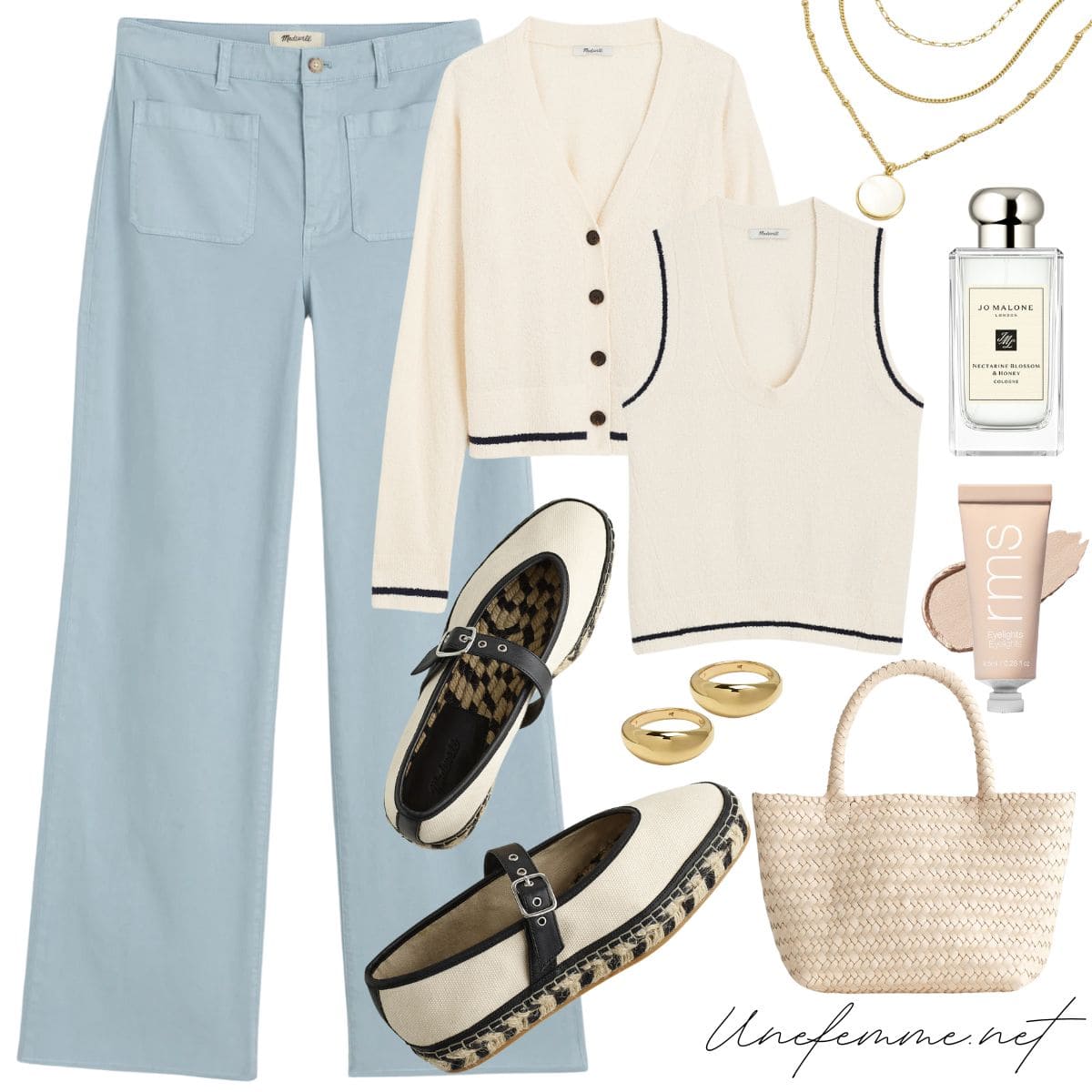 Easy summer outfit in light neutrals with patch pocket pants, knit coordinates, and espadrille Mary Jane shoes.