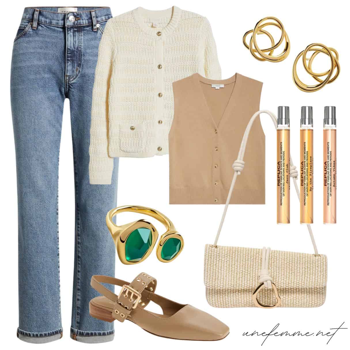 On Susan's Nordstrom Anniversary Sale wish list: Frame boyfriend jeans, Caslon textured sweater jacket, Monica Vinader gold jewelry, rag & bone slingback flats, raffia shouder bag.