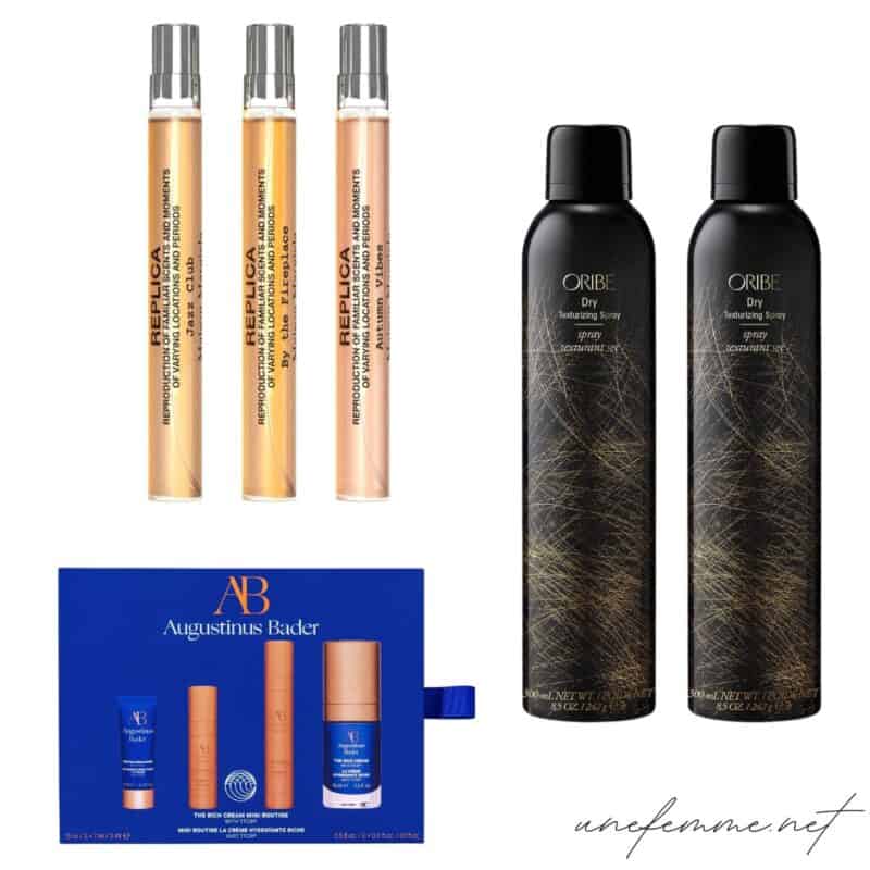 Nordstrom Anniversary Sale beauty buys: Maison Margiela fragrance set, Augustinus Bader rich cream set, Oribe texturizing spray.