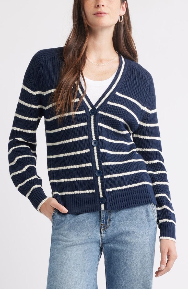 Caslon shaker stitch cardigan in navy with white stripes.