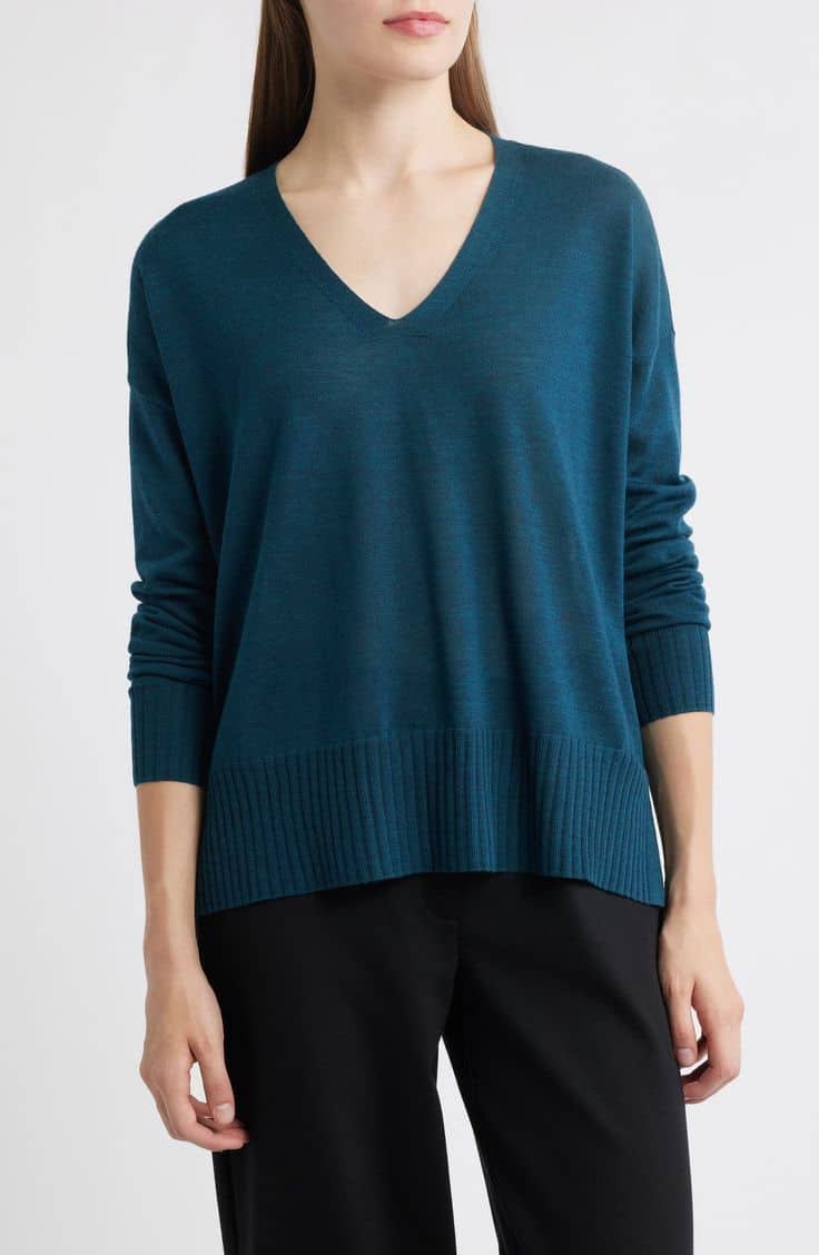 Eileen Fisher v-neck merino sweater in Spruce.